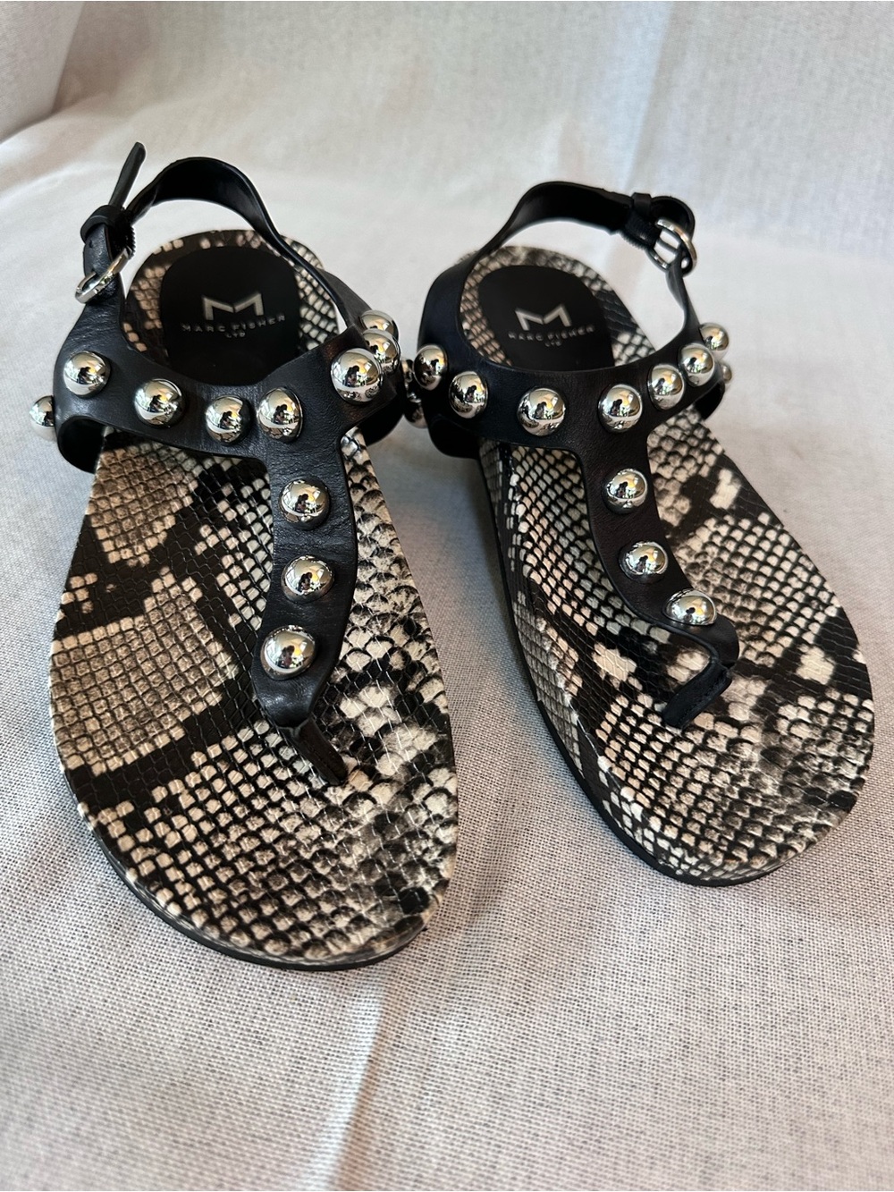 Marc Fisher Black Studded Snake-Print Toe-Post Sandals